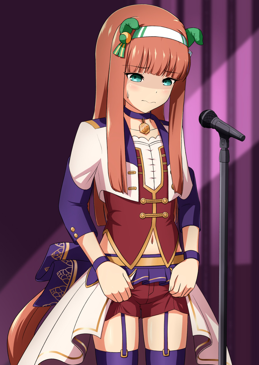 1girl absurdres animal_ears blunt_bangs choker corset cowboy_shot cropped_jacket ear_covers flat_chest green_eyes hairband highres hime_cut horse_ears horse_girl horse_tail jacket kasahebi long_hair long_sleeves microphone microphone_stand midriff official_alternate_costume orange_hair overskirt pendant_choker purple_choker purple_garter_straps purple_thighhighs red_corset red_shorts shorts silence_suzuka_(umamusume) solo starting_future_(umamusume) tail thighhighs umamusume wavy_mouth white_hairband white_jacket