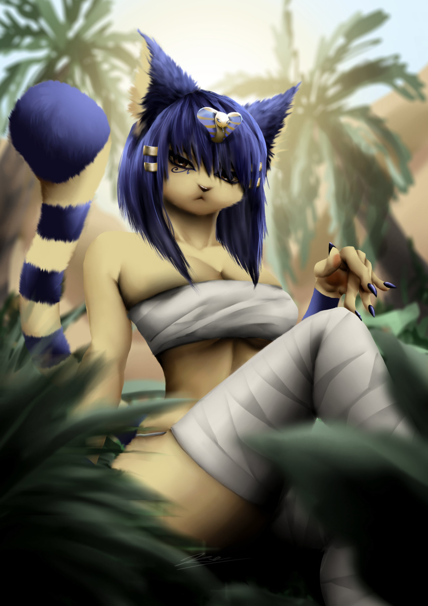 2023 4_fingers absurd_res animal_crossing ankha_(animal_crossing) anthro bandage bandaged_chest bandaged_leg blue_hair breasts brown_eyes claws clothing detailed_background digital_media_(artwork) domestic_cat egyptian egyptian_eyeliner felid feline felis female finger_claws fingers fluffy fluffy_ears fluffy_tail hair hi_res legwear long_hair looking_at_viewer makeup mammal markings narrowed_eyes nintendo outside palm_tree plant signature sitting solo stockinger striped_markings striped_tail stripes tail tail_markings tree uraeus
