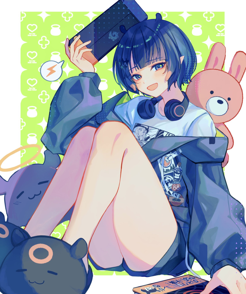 1girl animal_slippers book chyl fang handheld_game_console headphones headphones_around_neck highres holding holding_handheld_game_console hololive hololive_english hood hooded_jacket jacket ninomae_ina'nis nintendo_switch pointy_ears shirt short_hair shorts slippers stuffed_animal stuffed_rabbit stuffed_toy takodachi_(ninomae_ina'nis) virtual_youtuber white_shirt