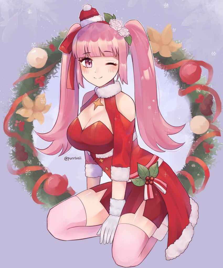 1girl bare_shoulders breasts brooch christmas_wreath cleavage fire_emblem fire_emblem:_three_houses fire_emblem_heroes gloves hair_ribbon highres hilda_valentine_goneril jewelry large_breasts long_hair looking_at_viewer official_alternate_costume one_eye_closed pink_eyes pink_hair purrlucii ribbon santa_costume smile solo star_brooch thighhighs twintails white_gloves white_thighhighs wreath