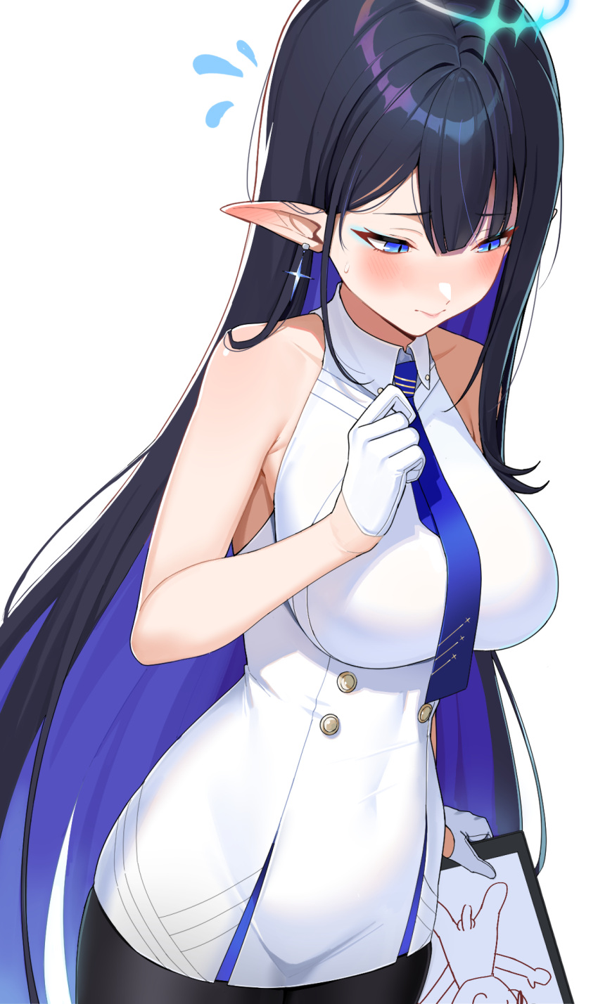 1girl bare_shoulders black_hair black_pantyhose blue_archive blue_eyes blue_hair blush breasts buttons collared_dress colored_inner_hair double-breasted dress earrings gloves halo highres jewelry large_breasts long_hair multicolored_hair necktie pantyhose pointy_ears rin_(blue_archive) short_dress solo very_long_hair white_dress white_gloves xubai