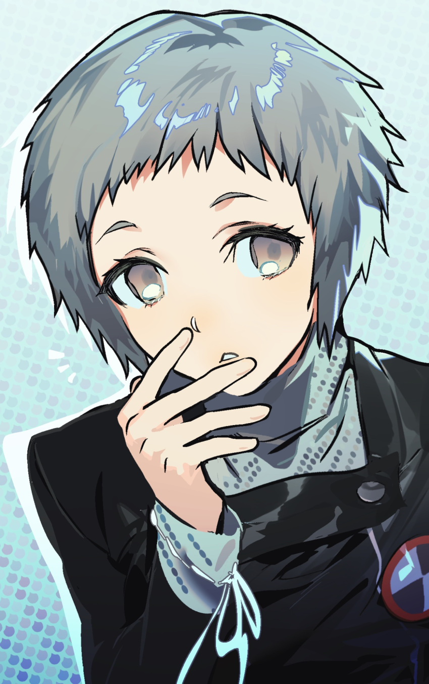 1girl badge black_jacket blue_background gapamopa hand_up highres jacket looking_to_the_side notice_lines parted_lips persona persona_3 short_bangs short_hair solo upper_body yamagishi_fuuka