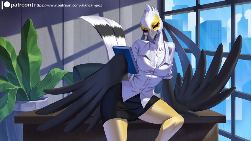 accipitriform aggretsuko alanscampos anthro avian beak beauty_mark bird book bottomwear breasts businesswear clothed clothing dress_shirt eyelashes eyes_closed feathered_arms feathers female front_view fully_clothed hi_res holding_book holding_object makeup mascara non-mammal_breasts office office_lady plant plant_pot potted_plant sanrio secretary secretary_bird secretary_washimi shirt sitting_on_desk skirt solo tail_feathers topwear window