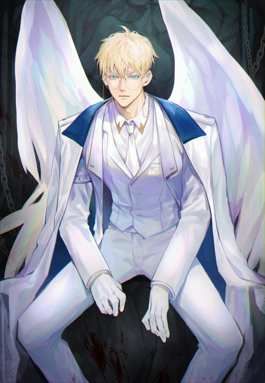 1boy angel angel_wings blonde_hair blood blood_on_clothes blood_splatter chain coat commentary english_commentary eyewear_strap feet_out_of_frame glasses gloves highres jacket long_sleeves looking_at_viewer male_focus millions_knives mole mole_under_eye necktie pants raku7560 round_eyewear shirt short_hair sitting solo statue trigun white_coat white_gloves white_jacket white_necktie white_pants white_shirt white_theme white_wings wings