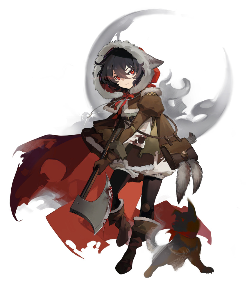 1girl axe black_hair black_pantyhose blood blood_on_weapon boots brown_coat bullet cape closed_mouth coat crescent dog full_body glowing glowing_eye highres holding holding_axe hood hood_up hooded_cape jewelry juliet_sleeves knee_pads long_sleeves looking_at_viewer mondlicht_(reverse:1999) neck_ribbon necklace official_art pantyhose puffy_sleeves red_cape red_eyes red_ribbon reverse:1999 ribbon shirt short_hair smoke solo standing tachi-e third-party_source transparent_background weapon white_shirt