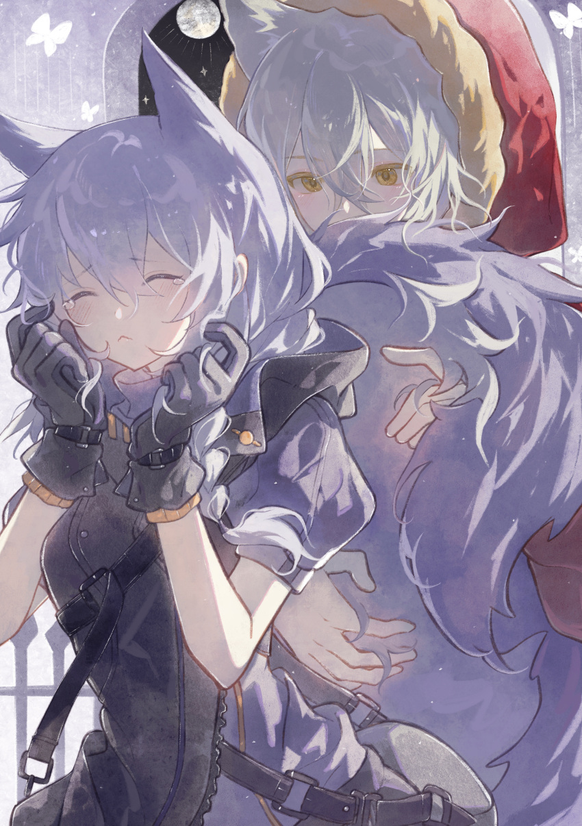 2girls absurdres animal_ears arknights belt_bag black_gloves black_vest blush braid closed_eyes coat extra_ears fur-trimmed_coat fur_trim gloves grey_hair hands_framing_own_cheeks highres hooded_coat hugging_another's_tail hugging_tail long_hair multiple_girls projekt_red_(arknights) provence_(arknights) purple_hair purple_shirt red_coat scared shanzhamei23687 shirt short_sleeves side_braid single_braid tail tearing_up upper_body vest wolf_ears wolf_girl wolf_tail yellow_eyes