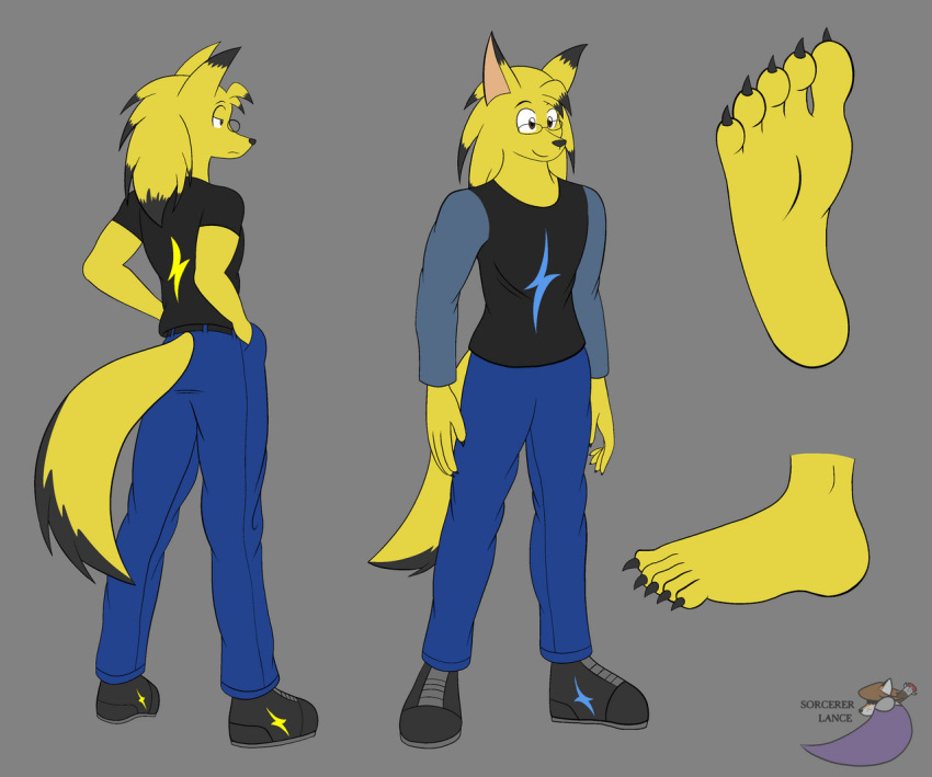 2020 5_toes ahoge anthro black_clothing blonde_hair blue_clothing bolt_(thunder-bolt) bottomwear canid canine canis claws clothing denim denim_clothing eyebrows eyewear feet foot_focus footwear front_view fur gahowolf glasses grey_background hair humanoid_feet humanoid_hands jeans lightning_bolt male mammal model_sheet pants plantigrade pockets prick_ears rear_view shirt shoes simple_background smile sneakers snout soles solo standing t-shirt tail toe_claws toes topwear wolf yellow_body yellow_fur