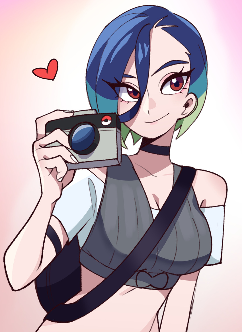 1girl absurdres bare_shoulders blue_hair bob_cut brown_eyes camera crop_top green_hair heart highres holding holding_camera loose_hair_strand maejpg_. midriff multicolored_hair off-shoulder_shirt off_shoulder perrin_(pokemon) photographer pokemon pokemon_(game) pokemon_sv shirt short_hair short_sleeves solo