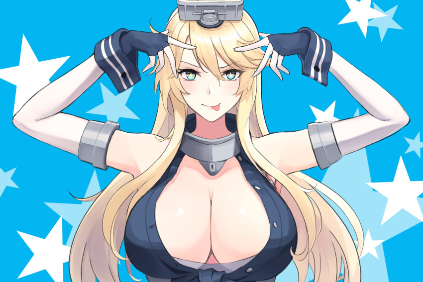 1girl blonde_hair blue_background blue_eyes breasts closed_mouth commentary front-tie_top gloves hair_between_eyes highres hoshino_ai's_pose iowa_(kancolle) kantai_collection large_breasts long_hair looking_at_viewer odachu oshi_no_ko parody pose_imitation smile solo star-shaped_pupils star_(symbol) straight-on symbol-shaped_pupils tongue tongue_out upper_body