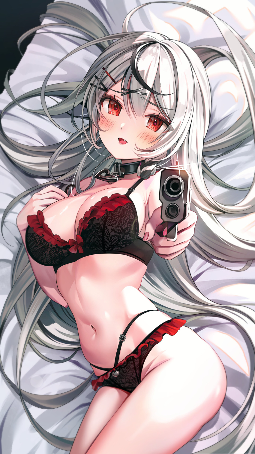 1girl absurdres aiming_at_viewer bare_arms bare_shoulders black_bra black_choker black_panties bra breasts choker cleavage fang frilled_bra frilled_panties frills grey_hair gun hair_ornament hair_spread_out hairclip hand_up handgun heart highres holding holding_gun holding_weapon hololive large_breasts lingerie long_hair looking_at_viewer luna_nyann lying multi-strapped_panties multicolored_hair navel on_back open_mouth outstretched_arm panties red_eyes revision sakamata_chloe smile solo stomach streaked_hair thighs underwear underwear_only very_long_hair virtual_youtuber weapon x_hair_ornament