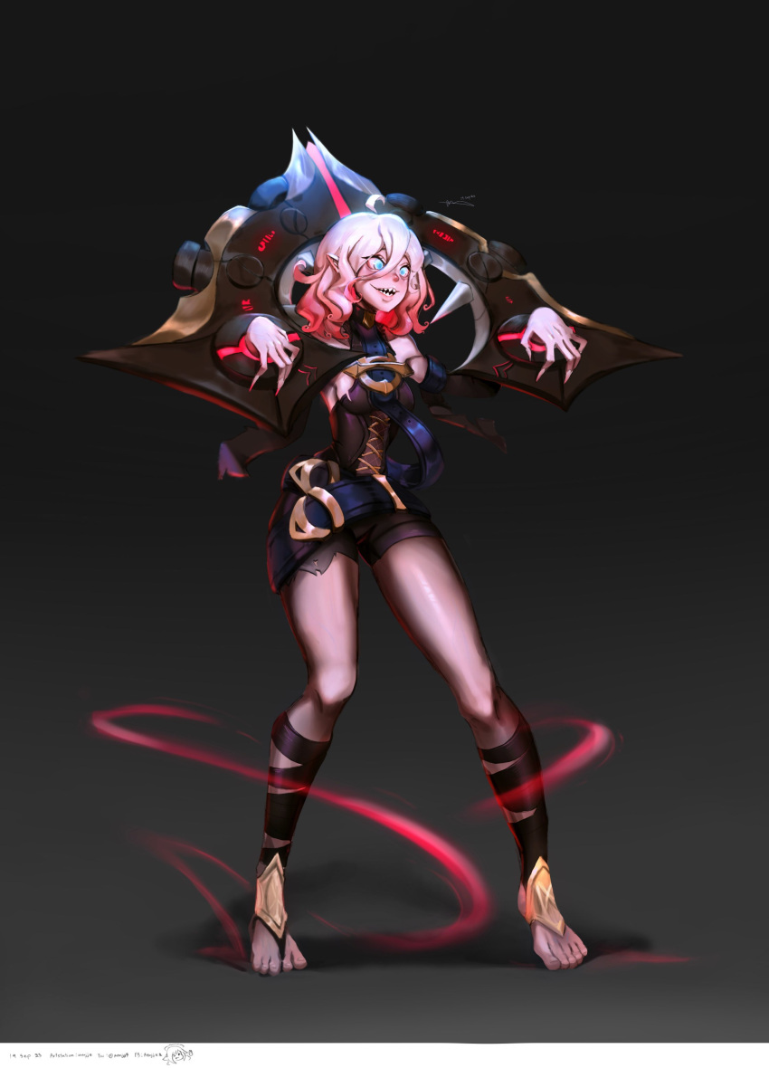 1girl absurdres ahoge bandaged_leg bandages bare_shoulders barefoot belt black_bandages black_belt black_shorts breasts briar_(league_of_legends) brown_background chained_wrists dated fingernails full_body gradient_background grey_eyes grey_hair hair_between_eyes highres league_of_legends medium_breasts medium_hair multicolored_hair pink_hair renjj7_(renn) sharp_fingernails sharp_teeth shorts smile solo standing teeth torn_clothes torn_shorts two-tone_hair