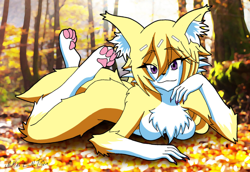 anthro ass_up blonde_hair canid canine canis chest_tuft claws female forest fox fur gloves_(marking) hair hand_on_face hi_res inner_ear_fluff leg_markings looking_at_viewer lying mammal markings nikku_lunatique nude on_front ouko_furinji plant purple_claws purple_eyes smile socks_(marking) solo tree tuft white_body white_fur yellow_body yellow_fur