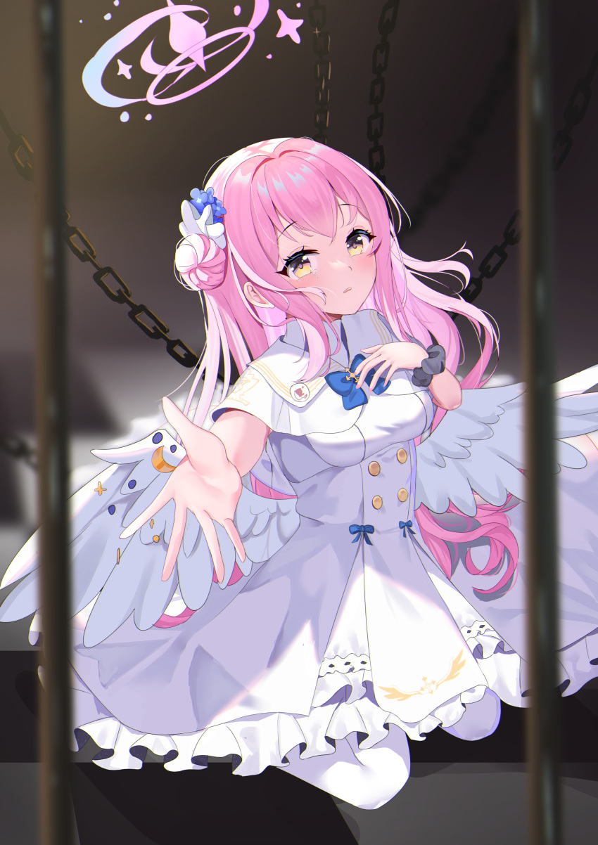 1girl absurdres angel_wings bad_id bad_pixiv_id blue_archive blue_bow blurry blurry_background blush bow breasts capelet chain chained closed_mouth commentary_request dress eternal1223 feathers frilled_dress frills hair_bun halo hand_on_own_chest highres long_hair looking_at_viewer low_wings medium_breasts mika_(blue_archive) offering_hand pantyhose pink_hair pink_halo reaching reaching_towards_viewer scrunchie seiza single_hair_bun sitting solo tearing_up white_capelet white_dress white_pantyhose white_wings wings wrist_scrunchie yellow_eyes