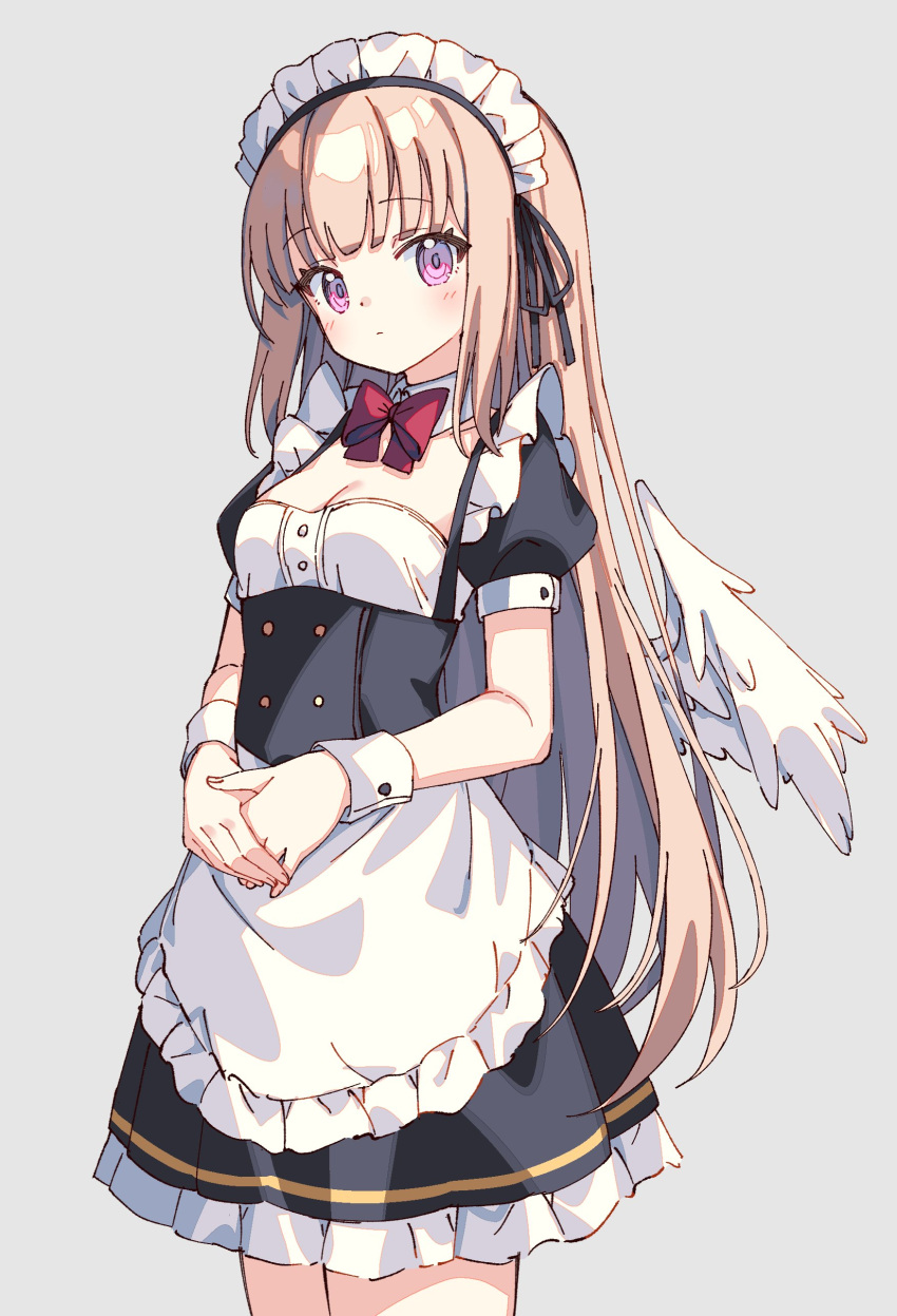 1girl absurdres apron blonde_hair bow bowtie breasts buttons cleavage cleavage_cutout closed_mouth clothing_cutout commentary cowboy_shot detached_collar frilled_apron frills highres light_blush long_hair looking_at_viewer maid maid_apron maid_headdress medium_breasts original own_hands_together pink_eyes red_bow red_bowtie sidelocks solo standing very_long_hair white_apron white_wrist_cuffs wings wrist_cuffs zoirun