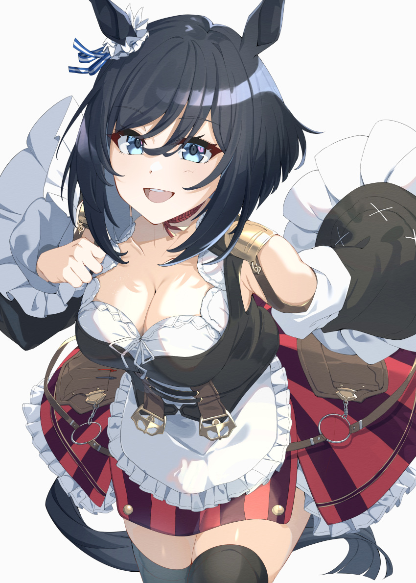 1girl absurdres animal_ears bare_shoulders black_hair black_thighhighs blue_eyes breasts cleavage commentary_request detached_sleeves dirndl dress ear_ornament eishin_flash_(umamusume) frilled_dress frills german_clothes highres horse_ears horse_girl horse_tail large_breasts long_sleeves looking_at_viewer open_mouth partial_commentary shikaya short_hair smile solo tail teeth thighhighs umamusume upper_teeth_only zettai_ryouiki