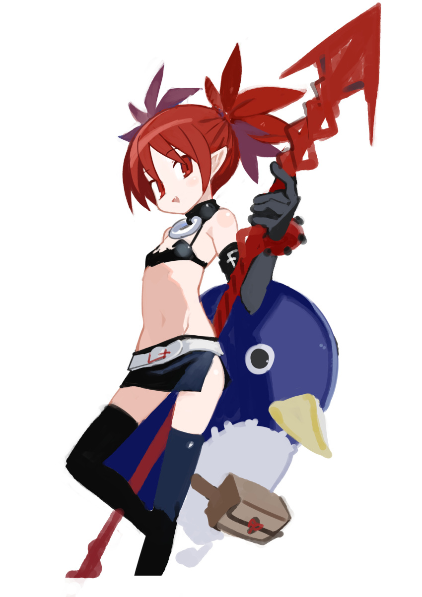 1girl absurdres black_choker black_gloves black_skirt black_thighhighs blush_stickers choker demon_girl demon_tail disgaea elbow_gloves etna_(disgaea) fang flat_chest foot_out_of_frame gloves highres holding holding_polearm holding_weapon kokaki_mumose looking_at_viewer medium_hair miniskirt navel open_mouth pointy_ears polearm prinny red_eyes red_hair simple_background skirt smile solo tail thighhighs twintails weapon white_background