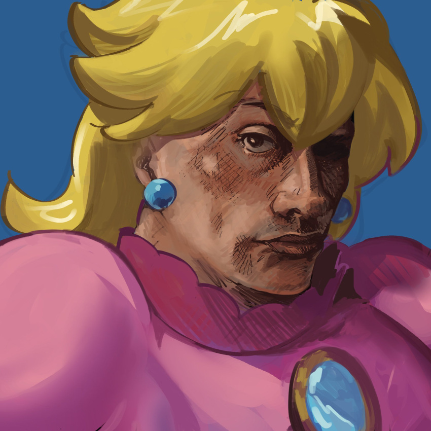 1boy blonde_hair blue_background brooch closed_mouth commentary cosplay crossdressing dark-skinned_male dark_skin dress earrings english_commentary highres idk-kun jewelry long_hair looking_at_viewer male_focus mario_(series) meme pink_dress portrait princess_peach princess_peach_(cosplay) raised_eyebrow real_life simple_background solo sphere_earrings the_rock's_eyebrow_raise_(meme) the_rock_(dwayne_johnson)