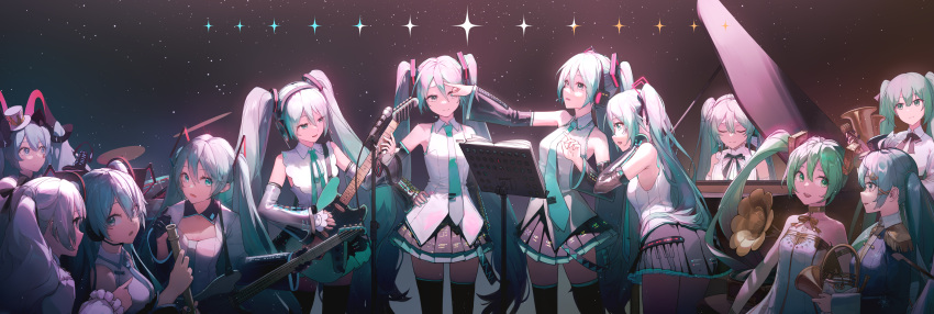 6+girls absurdres aqua_eyes aqua_nails aqua_necktie black_skirt black_thighhighs closed_eyes commentary_request cowboy_shot detached_sleeves dress electric_guitar guitar hand_on_own_hip hat hatsune_miku highres instrument long_hair looking_at_another ly.t microphone_stand multiple_girls music necktie playing_instrument pleated_skirt shirt skirt sleeveless sleeveless_shirt smile standing strapless strapless_dress thighhighs tie_clip top_hat twintails very_long_hair vocaloid white_dress white_shirt