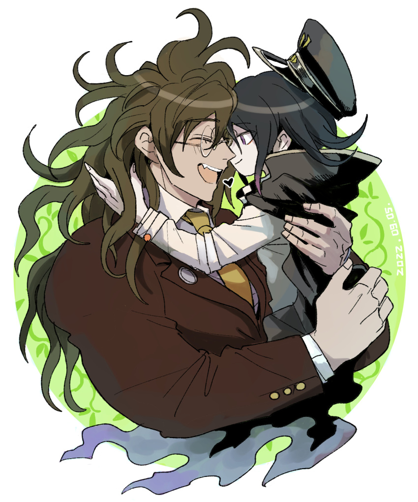 2boys black_cape black_hair black_headwear brown_hair brown_jacket cape closed_eyes danganronpa_(series) danganronpa_v3:_killing_harmony dated glasses gokuhara_gonta gradient_hair happy heart highres hug jacket kumakoro_(tetsupag) long_hair looking_at_another male_focus messy_hair multicolored_hair multiple_boys necktie oma_kokichi open_mouth pale_skin purple_eyes purple_hair short_hair simple_background size_difference smile upper_body wavy_hair yaoi yellow_necktie