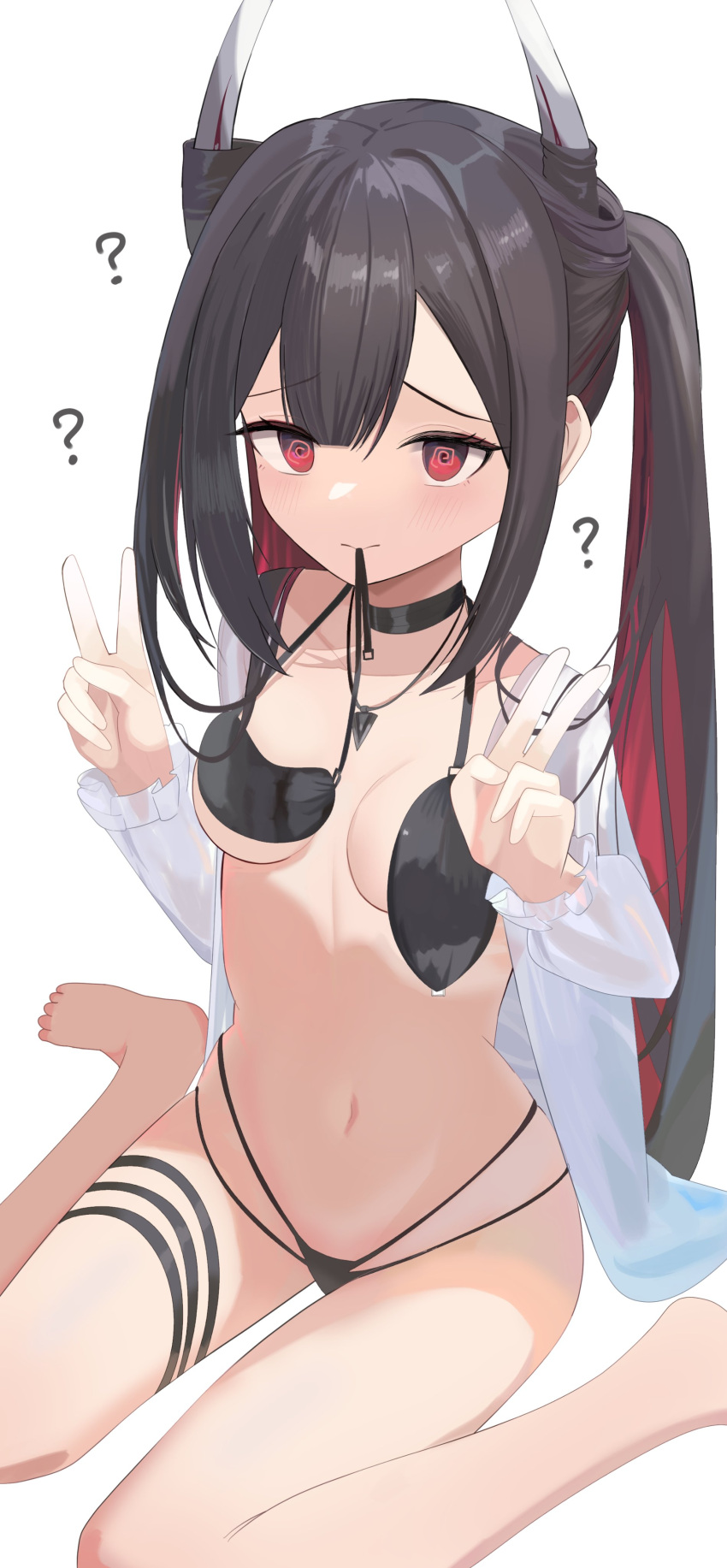 1girl absurdres aventador azur_lane bikini bikini_in_mouth black_bikini black_choker choker clothes_in_mouth colored_inner_hair commentary_request demon_horns double_v hatsuzuki_(august's_first_romance)_(azur_lane) hatsuzuki_(azur_lane) highres horns looking_at_viewer multicolored_hair red_eyes sitting swimsuit v wariza