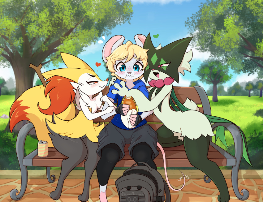 &lt;3 2023 3_fingers 3_toes absurd_res ambiguous_gender anthro artist_name backpack bench beverage big_ears big_tail black_body black_fur black_pupils blonde_hair blue_eyes blush bottomwear braixen canid canine cape cargo_shorts cheek_tuft chest_tuft claws clothed clothing digital_media_(artwork) dipstick_tail eating facial_tuft feet felid feline finger_claws fingers fluffy fluffy_tail food frill_(anatomy) fur generation_6_pokemon generation_9_pokemon gloves green_body green_cape green_fur green_tail group hair half-closed_eyes handwear head_tuft hi_res hindpaw hip_tuft hoodie inner_ear_fluff jasminthemanticore leg_tuft looking_at_another male mammal markings mask meowscarada monotone_tail mouse multicolored_body multicolored_fur multicolored_tail murid murine narrowed_eyes neck_frill nintendo one_eye_closed open_mouth park park_bench paws pink_body pink_eyes pink_nose pink_tail plant pokemon pokemon_(species) pupils red_body red_eyes red_fur red_inner_ear_fluff red_nose red_tail rodent sandwich_(food) short_tail shorts shoulder_tuft signature sitting sky tail tail_markings toes tongue topwear tree trio tuft two_tone_tail white_body white_fur yellow_body yellow_fur yellow_inner_ear yellow_tail