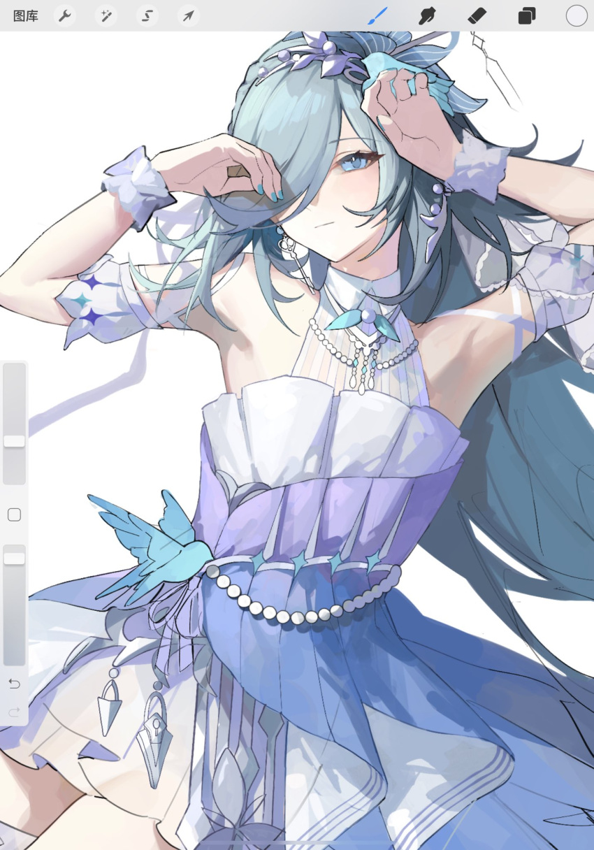 1girl armpits arms_up bare_shoulders bird_hair_ornament breasts closed_mouth dress fu_hua fu_hua_(azure_empyrea) grey_hair hair_ornament hair_over_one_eye highres honkai_(series) honkai_impact_3rd long_hair looking_at_viewer nail_polish official_alternate_costume open_hands simple_background small_breasts solo tutou_jiang unfinished upper_body white_background white_dress