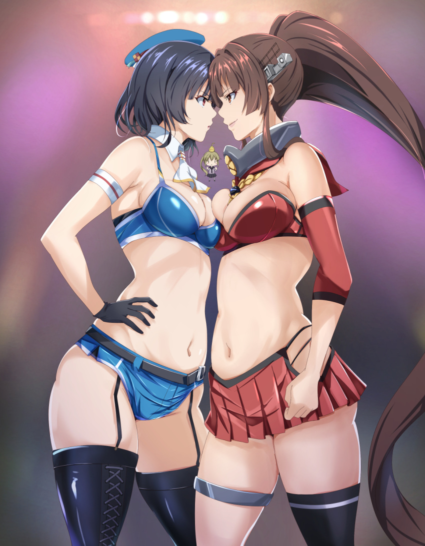 2girls ascot belt beret black_belt black_footwear black_hair blue_bra blue_headwear blurry blurry_background boots bra breasts brown_hair cowboy_shot crop_top face-to-face hat highres kantai_collection looking_at_another moroheiya_(moroheiya-works) multiple_girls pleated_skirt ponytail red_bra red_eyes single_thighhigh skirt takao_(kancolle) thigh_strap thighhighs underwear white_ascot yamato_(kancolle)
