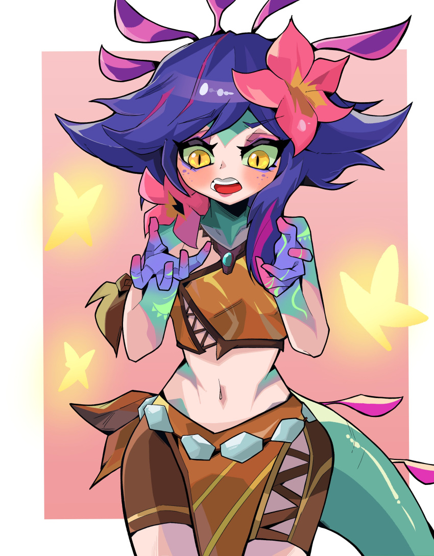 1girl absurdres bare_shoulders beseunaj-jamjaneun_gemdol-i blue_hair breasts brown_shirt brown_shorts bug butterfly colored_skin crop_top flower green_skin hair_flower hair_ornament hands_up highres league_of_legends long_hair multicolored_hair navel neeko_(league_of_legends) shirt shorts slit_pupils small_breasts smile solo stomach tail teeth tongue