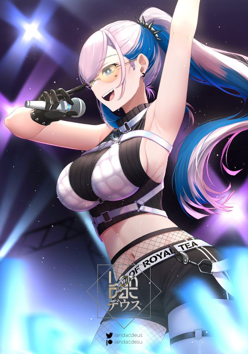 1girl arm_up armpits asymmetrical_legwear blue_hair breasts chest_belt colored_inner_hair crop_top earrings fishnet_pantyhose fishnets gloves glowstick grey_hair highres hololive hololive_indonesia jewelry landacdeus large_breasts long_hair microphone midriff mismatched_legwear multicolored_hair navel open_mouth pantyhose pavolia_reine pavolia_reine_(3rd_costume) ponytail shorts sleeveless smile solo sunglasses sweat thigh_strap virtual_youtuber