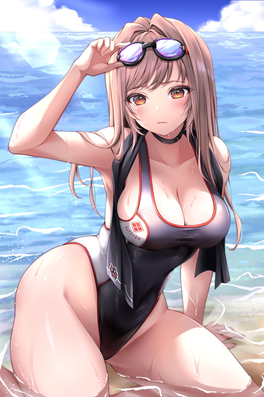 1girl adjusting_goggles alternate_costume arm_support armpits black_choker blush breasts brown_hair choker cleavage closed_mouth cloud collarbone commentary competition_swimsuit day goddess_of_victory:_nikke goggles goggles_on_head highres large_breasts lens_flare long_hair one-piece_swimsuit outdoors partially_submerged piyopiyomaru_(piyo8823) rapi_(nikke) red_eyes solo swimsuit thighs towel towel_around_neck wet