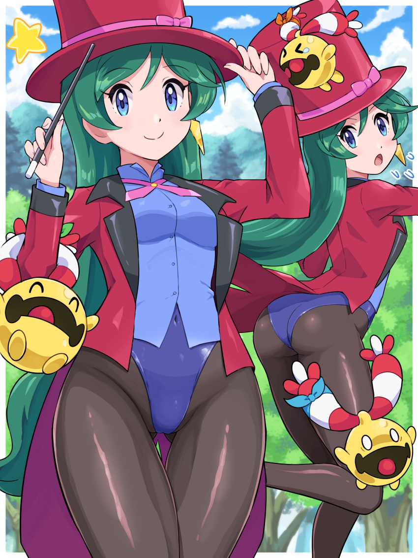 1girl absurdres black_pantyhose blue_eyes blue_leotard chingling closed_mouth covered_navel day flying_sweatdrops francesca_(pokemon) green_hair hat highres holding holding_wand leotard long_hair long_sleeves looking_at_viewer magician open_mouth outdoors pantyhose pokemoa pokemon pokemon_(anime) smile top_hat wand