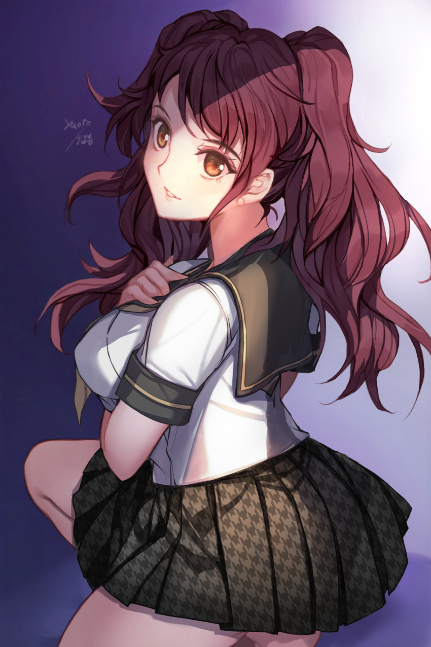 1girl black_sailor_collar black_skirt breasts brown_eyes brown_hair commentary_request earrings highres jewelry kujikawa_rise large_breasts long_hair looking_at_viewer neckerchief on_one_knee persona persona_4 pleated_skirt sailor_collar school_uniform shirt short_sleeves skirt smile solo swept_bangs twintails white_shirt yaoto yasogami_school_uniform yellow_neckerchief