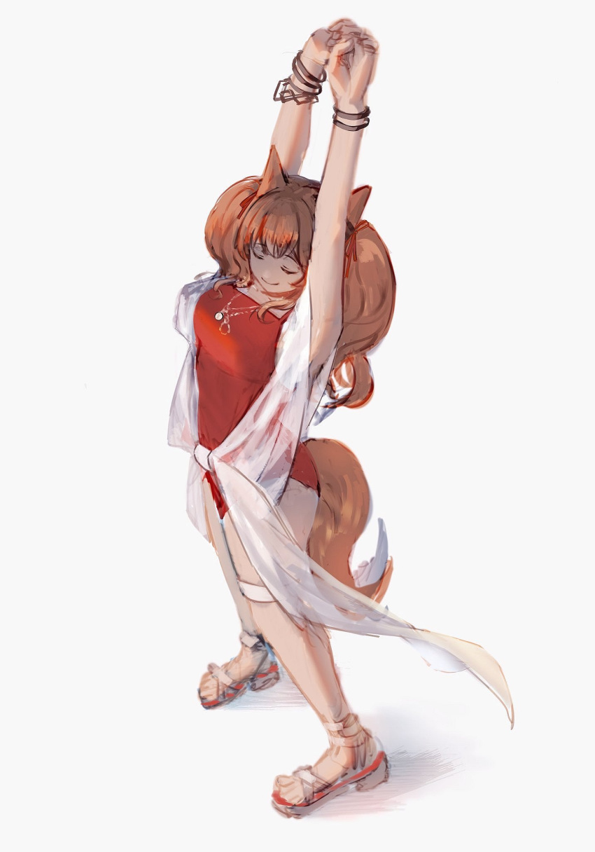 1girl angelina_(arknights) angelina_(summer_flower)_(arknights) animal_ears arknights arms_up breasts brown_hair closed_eyes fox_ears fox_girl fox_tail full_body highres jewelry long_hair medium_breasts necklace nnicoinu official_alternate_costume one-piece_swimsuit red_one-piece_swimsuit sarong simple_background smile solo standing stretching swimsuit tail twintails u_u white_background white_sarong