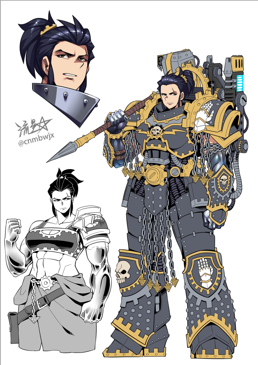 1girl armor belt black_armor black_hair breastplate breasts chain closed_mouth ferrus_manus forgebreaker gauntlets genderswap genderswap_(mtf) gold_trim greaves gun highres holding holding_weapon iron_hands_(warhammer) mechanical_arms multiple_views muscular muscular_female open_mouth pauldrons ponytail power_armor primarch ryuusei_(mark_ii) scar scar_on_face short_hair shoulder_armor signature skull solo teeth war_hammer warhammer_40k weapon white_background