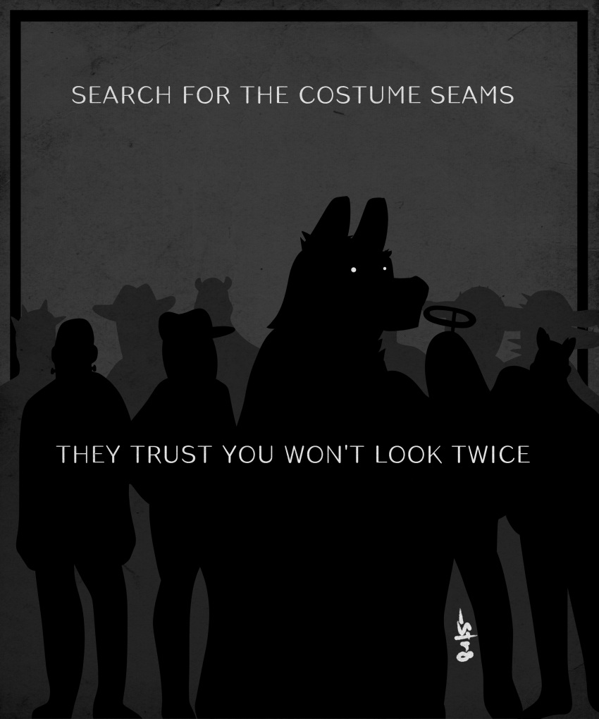 5:6 absurd_res anthro canid canine canis clothing costume english_text glowing glowing_eyes group hi_res human mammal monochrome party silhouette str8aura-no-not-that-one text wolf