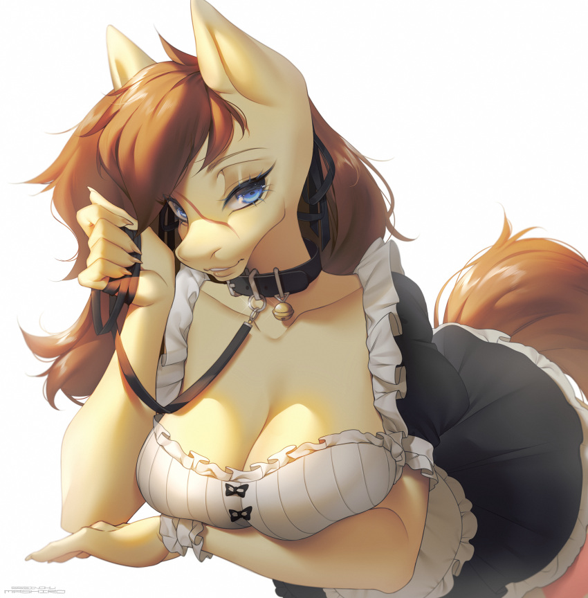 absurd_res anthro bell biped breasts brown_hair clothed clothing collar equid equine female fur hair hasbro hi_res horse leash maid_uniform mammal mashiro_sssinohu my_little_pony pony solo uniform yellow_body yellow_fur