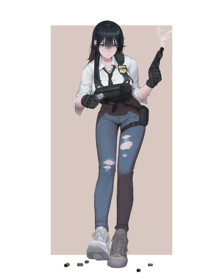 1girl absurdres ammunition_pouch black_hair black_necktie browning_hi-power denim full_body gloves gun handgun highres jeans long_hair m1911 necktie original pants pdman2 police police_badge police_uniform policewoman pouch red_eyes reloading shell_casing shirt shoes smoke smoking_gun sneakers solo trigger_discipline uniform weapon white_shirt