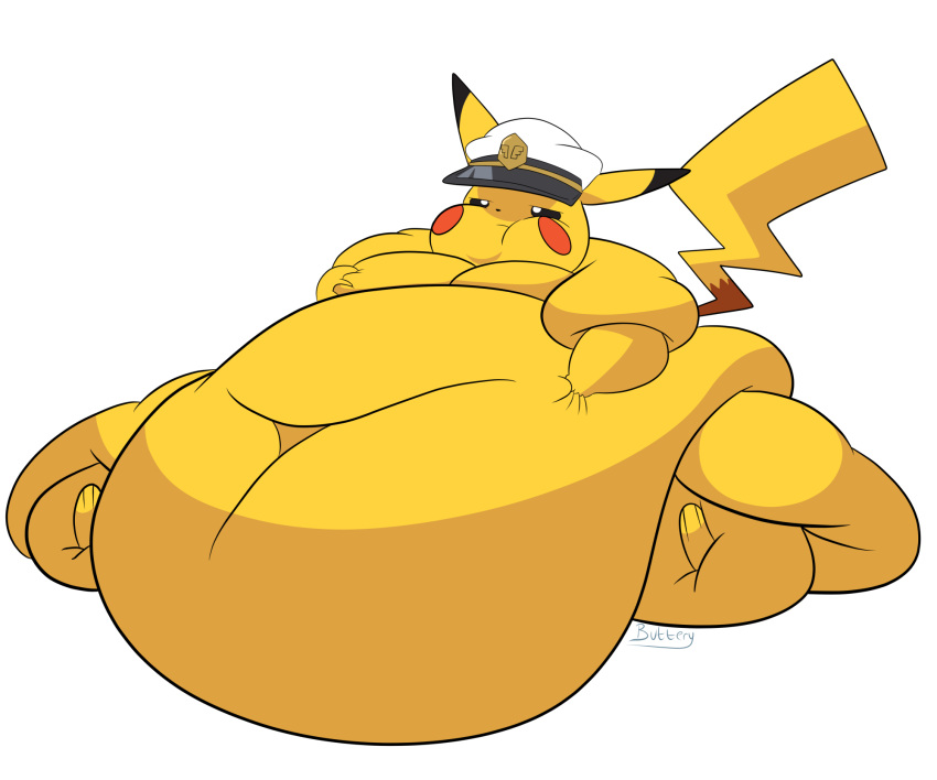 belly belly_squish big_belly butteryinkling captain_hat captain_pikachu chubby_cheeks deep_navel generation_1_pokemon hand_on_moob hand_on_stomach hi_res hyper hyper_belly immobile innie_navel male moob_squish moobs morbidly_obese navel nintendo obese overweight pikachu pokemon pokemon_(species) simple_background solo squish white_background yellow_body