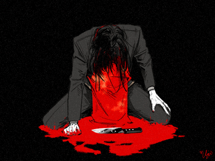 1boy apron black_background black_eyes black_hair black_jacket blood blood_on_hands clenched_hand facing_away full_body hand_on_own_thigh head_down highres jacket kimi_ga_shine kitchen_knife kneeling long_hair long_sleeves male_focus pool_of_blood red_apron reflection saesoon_dobby satou_kai signature simple_background solo static sweatdrop
