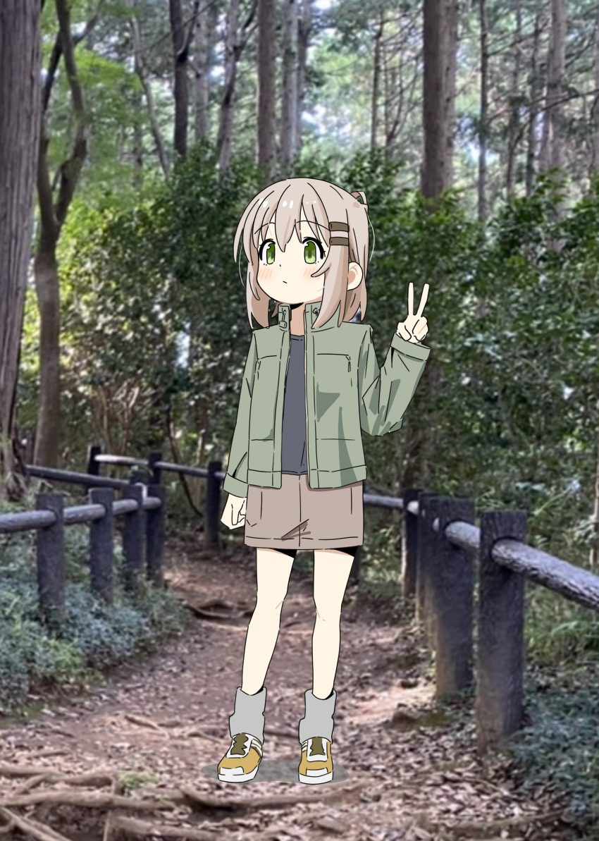 1girl :/ absurdres arm_at_side blush brown_hair brown_skirt cargo_skirt closed_mouth doublep0ints expressionless fence forest green_eyes green_jacket grey_leg_warmers hair_ornament hairclip hand_up high_collar highres jacket long_sleeves looking_at_viewer medium_hair nature open_clothes open_jacket path photo_background shoes sidelocks skirt sneakers solo standing v wooden_fence yama_no_susume yukimura_aoi