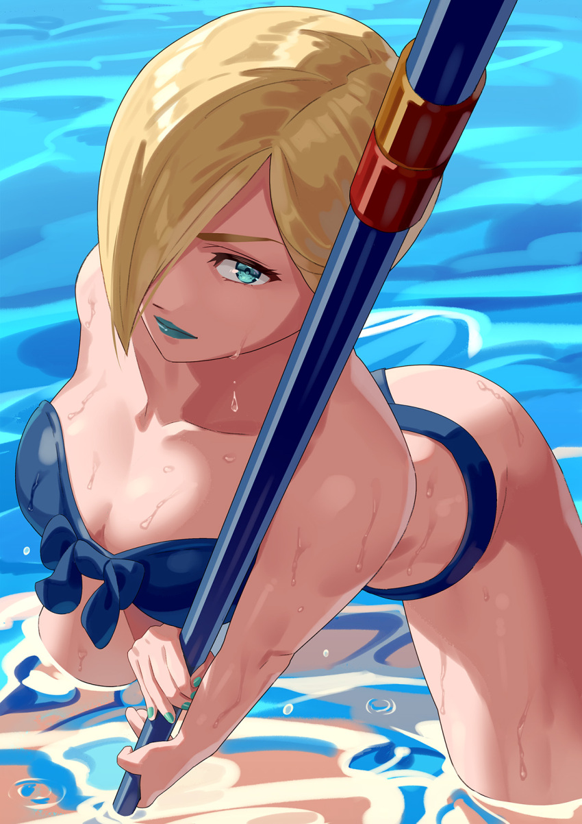 1girl bent_over bikini blonde_hair blue_eyes blue_lips falke_(street_fighter) hair_over_one_eye highres ocean reflection short_hair stick street_fighter street_fighter_v swimsuit yagi2013