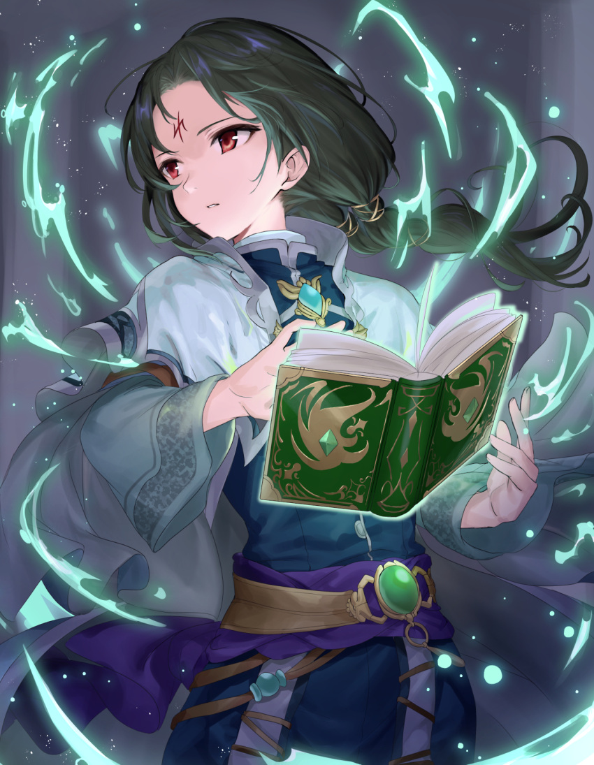 1boy black_hair book brooch facial_mark fire_emblem fire_emblem:_radiant_dawn fire_emblem_heroes forehead_mark green_eyes hair_tie haru_(nakajou-28) highres holding holding_book jewelry long_hair low_ponytail magic official_art solo soren_(fire_emblem) soren_(radiant_confidant)_(fire_emblem) wind