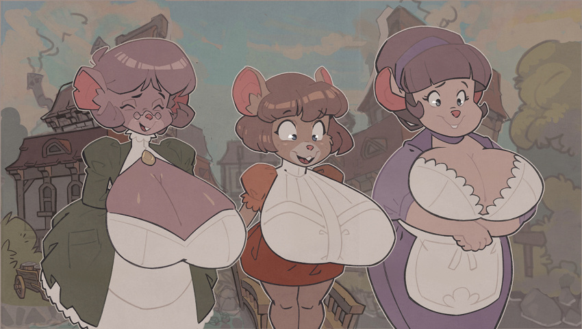 annie_acorn anthro auntie_acorn big_breasts breasts brown_body brown_fur brown_hair cloud cross eyes_closed female fur group hair hanging_breasts huge_breasts mammal mature_female mrs._petunia_(subhueman) murid murine open_mouth rat rodent size_difference smile trio village