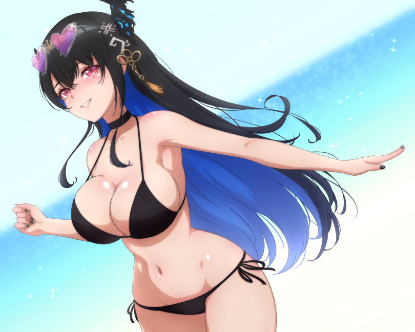 1girl asymmetrical_horns bare_shoulders bikini black_bikini black_choker black_hair black_nails blue_hair breasts choker colored_inner_hair demon_horns eyewear_on_head hair_ornament heart heart-shaped_pupils highres hololive hololive_english horns large_breasts long_hair looking_at_viewer mole mole_under_eye multicolored_hair nerissa_ravencroft p-nekoe red_eyes side-tie_bikini_bottom smile solo swimsuit symbol-shaped_pupils two-tone_hair uneven_horns virtual_youtuber