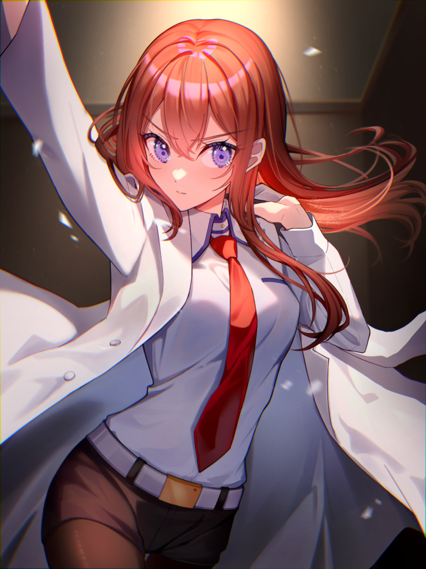 1girl arm_up belt belt_buckle black_pantyhose black_shorts buckle closed_mouth coat collared_shirt crossed_bangs double-parted_bangs dress_shirt floating_hair hair_between_eyes hand_up highres indoors lab_coat long_hair long_sleeves looking_at_viewer makise_kurisu necktie open_clothes open_coat pantyhose purple_eyes red_hair red_necktie shirase_rin shirt shorts solo steins;gate v-shaped_eyebrows white_belt white_coat white_shirt