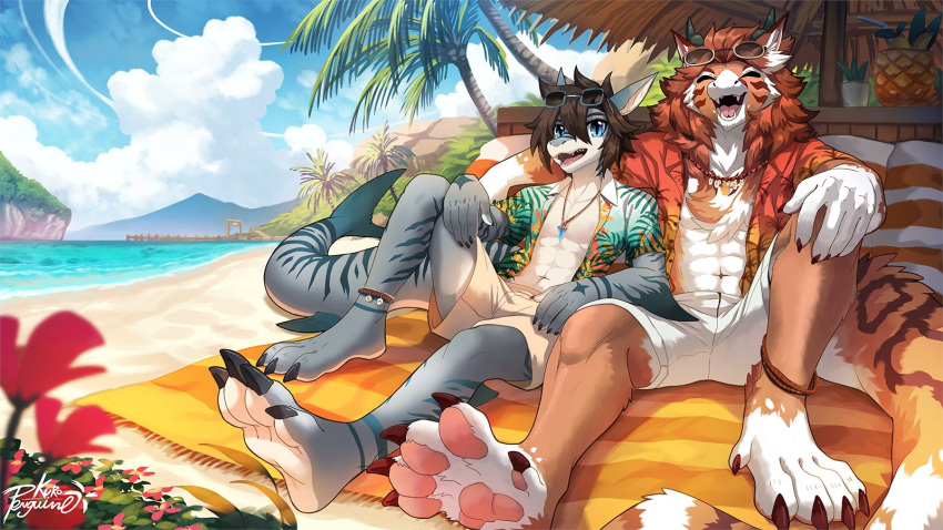 16:9 anthro beach blue_body blue_eyes blue_sky bottomwear brown_hair clothed clothing cloud duo eyes_closed eyewear fangs fish flower fur glasses glistening glistening_eyes hair hi_res jewelry male marine markings navel necklace open_clothing open_mouth open_smile open_topwear orange_body orange_fur palm_tree pattern_clothing pattern_topwear pawpads penguinexperience pink_pawpads plant rectangular_glasses red_flower round_glasses seaside shark shorts signature sitting sky smile species_request striped_legs striped_markings striped_tail stripes tail tail_markings tan_bottomwear tan_clothing tan_shorts teeth topwear tree water wearing_glasses white_body white_bottomwear white_clothing white_fur white_shorts widescreen