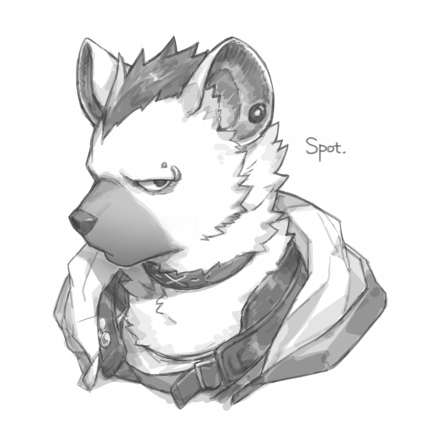 1:1 anthro arknights clothed clothing collar ear_piercing eyebrow_piercing facial_piercing fur hair hi_res hyena hypergryph looking_at_viewer male mammal monochrome piercing rpbbw solo spot_(arknights) spotted_hyena studio_montagne