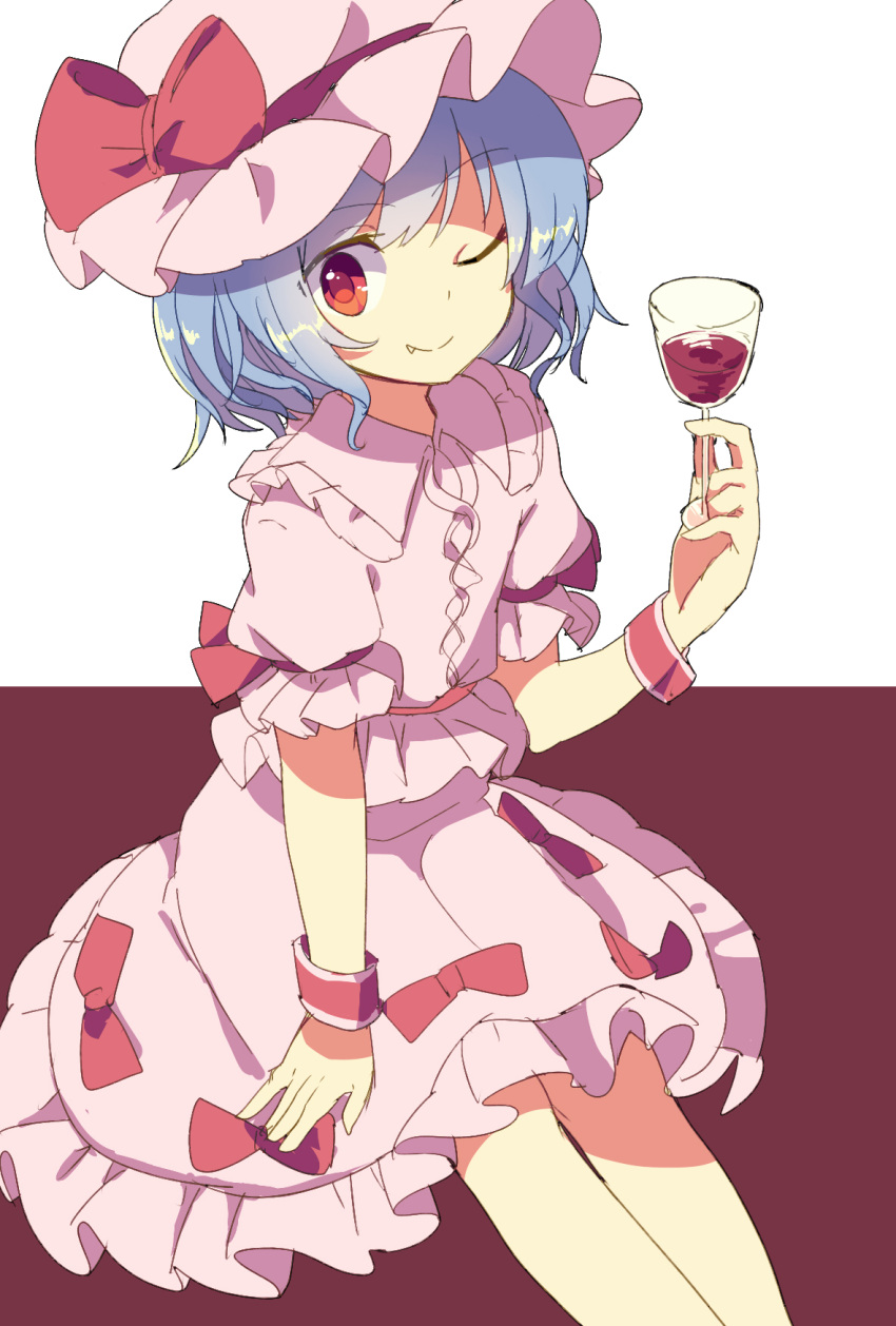 1girl blue_hair bow busujima_(kusahana) closed_mouth collared_shirt cup drinking_glass fang fang_out feet_out_of_frame frilled_shirt_collar frilled_skirt frilled_sleeves frills hat hat_bow hat_ribbon highres holding holding_cup looking_at_viewer medium_hair one-hour_drawing_challenge one_eye_closed pink_headwear pink_shirt pink_skirt puffy_short_sleeves puffy_sleeves purple_ribbon red_background red_bow red_eyes red_wine remilia_scarlet ribbon shirt short_sleeves skirt sleeve_ribbon solo touhou white_background wine_glass