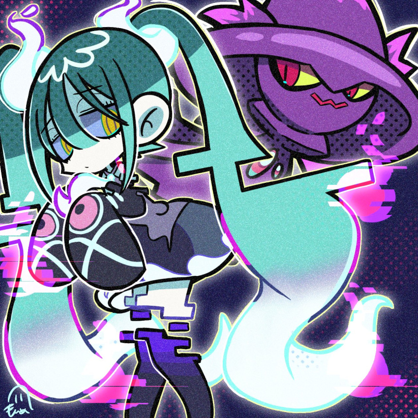 1girl :/ black_skirt black_sleeves black_thighhighs blue_hair chibi colored_sclera commentary_request detached_arm detached_legs detached_sleeves expressionless feet_out_of_frame film_grain ghost_miku_(project_voltage) glitch glowing glowing_hair glowing_neckwear grey_sclera grey_shirt halftone hands_up hatsune_miku highres hitodama jitome long_hair looking_at_viewer mismagius monme_(monme_v) multicolored_hair necktie pigeon-toed pokemon pokemon_(creature) project_voltage raised_eyebrows shaded_face shirt signature skirt sleeveless sleeveless_shirt solo tareme thighhighs very_long_hair vocaloid white_hair white_skirt will-o'-the-wisp_(mythology) yellow_eyes