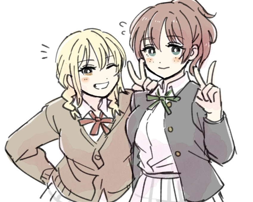 2girls ;d alternate_hairstyle blonde_hair blush breasts brown_hair brown_vest closed_mouth commentary_request embarrassed emma_verde emphasis_lines flying_sweatdrops freckles green_eyes grin gyaru hair_between_eyes hand_on_another's_shoulder jacket large_breasts long_hair love_live! love_live!_nijigasaki_high_school_idol_club low_twintails medium_hair miyashita_ai multiple_girls nijigasaki_academy_school_uniform one_eye_closed open_clothes open_jacket orange_eyes school_uniform short_ponytail smile solllolll twintails unbuttoned v vest white_background